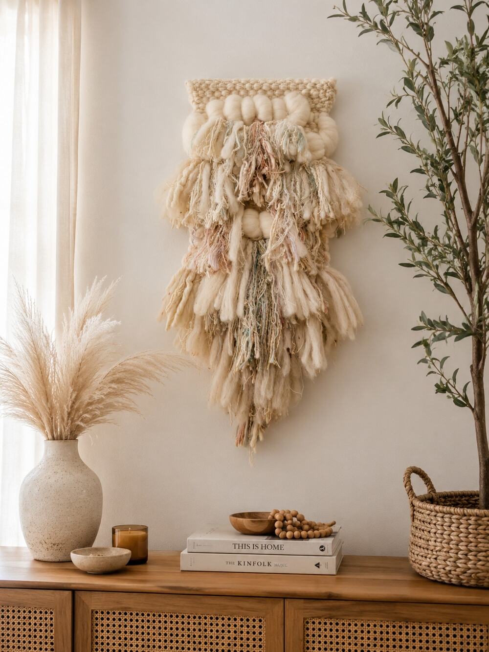 Handwoven Wool Fiber Art Wall Hanging Boho Neutral Textile Decor